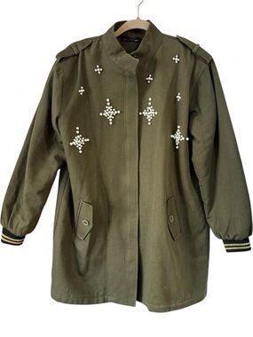 Pearl-Embellished Olive Utility Jacket